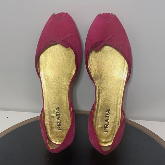 Prada Peep Toe Ballet Flats Women US 7.5 Pink Suede Bow Made in Italy 37.5 - Picture 8 of 11